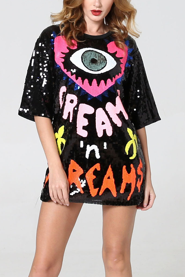 Love Eyes Letters Sequined Round Neck Short Sleeve Mid-Length Loose T-Shirt | Consonak