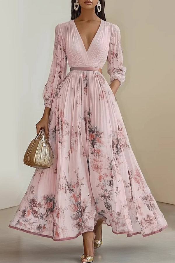 Unique Printed V-Neck Long Sleeve Bow Tie Waist Holiday Maxi Dress | Consonak