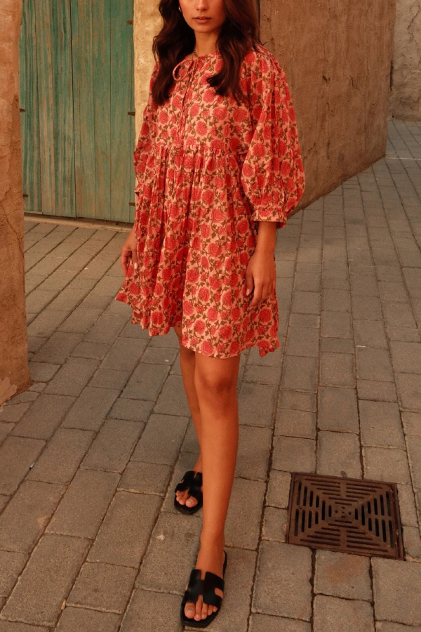 Floral Print Loose Round Neck Tie-up Casual Vacation Mini Dress