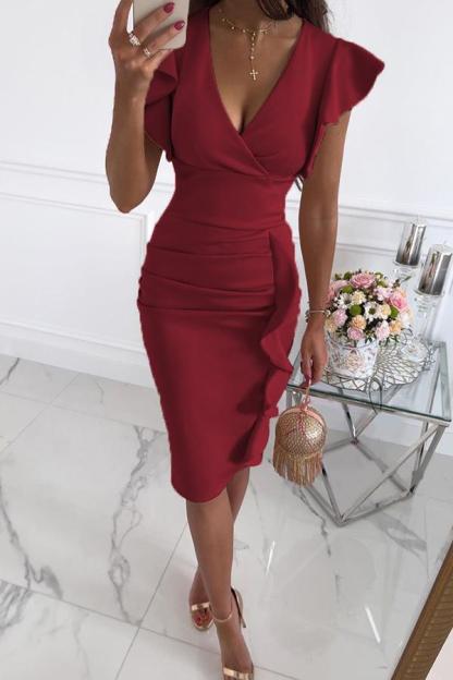 Yara V-Neck Ruffle Hem Ruched Dress-consonak