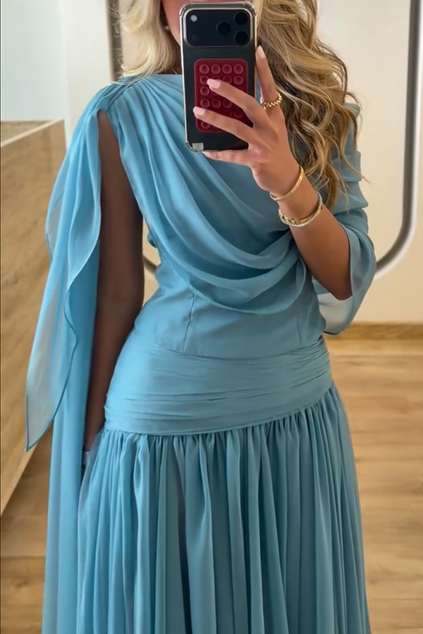 Solana Draped Sheer Cape Top and High Waist Pleated Slit Maxi Skirt Set-consonak