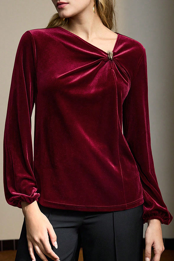 Fashionable Velvet Pleated Long-sleeved Knotted Casual Top-consonak