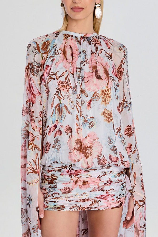 Sunset Frequency Tropical Print Ruched Hem High Low Cape Maxi Dress