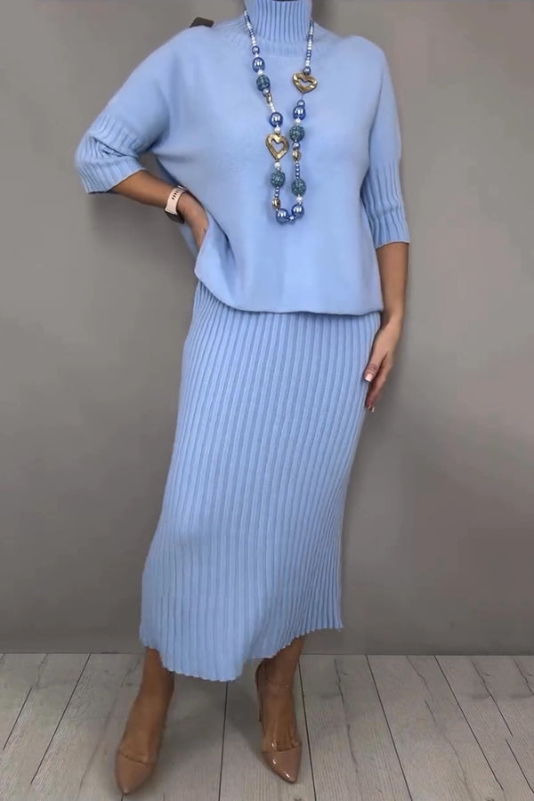 Solid Color Loose-fitting Turtleneck Knit Sweater and Stretchy Elegant Midi Skirt Set-consonak