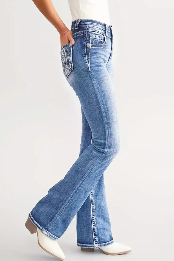 Fashionable Embroidered High-waisted Double-button Stretch Jeans
