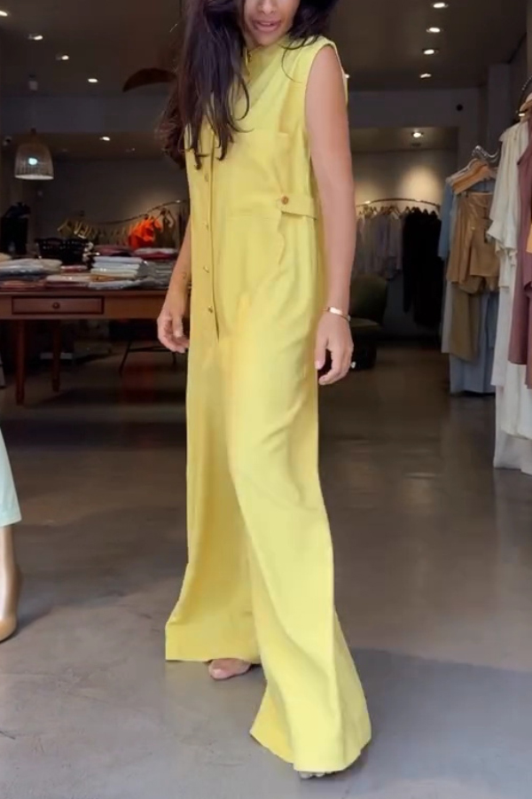 Linen Blend Solid Color Sleeveless Casual Button Loose Wide-leg Jumpsuit