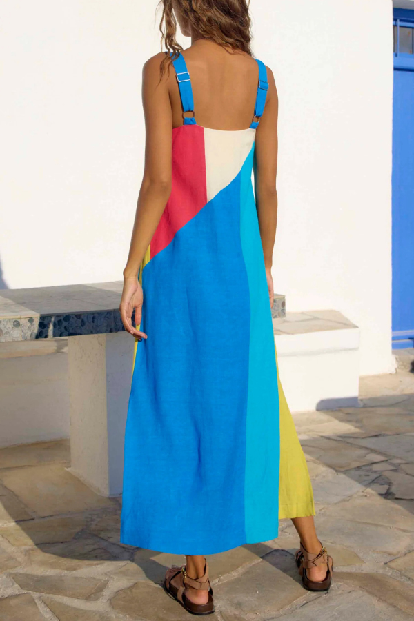 Fashionable Color-blocked Printed Square Neck Sleeveless Vacation-style Maxi Dress