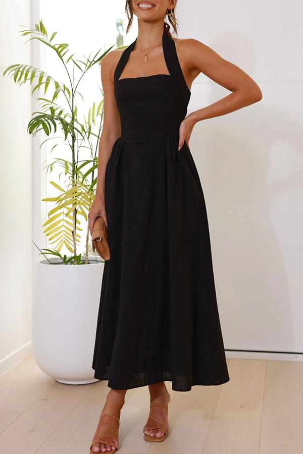 Brunch in Bali Linen Blend Halter Neck Pocketed Maxi Dress-consonak