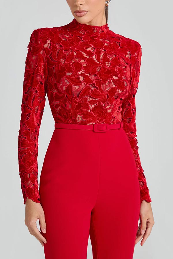 Eleanor Embroidered Floral Lace Long Sleeve Patchwork Belt Flare Jumpsuit | Consonak