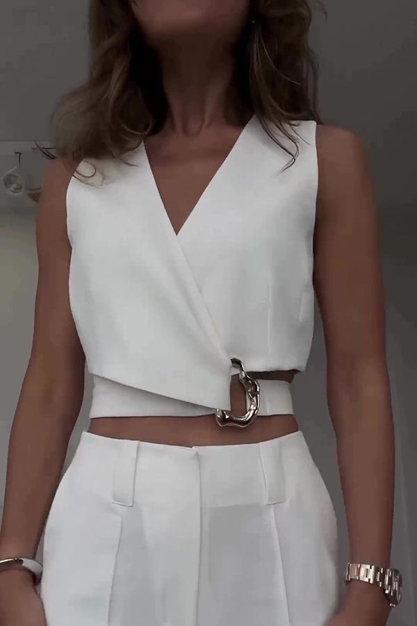 Crossover Slim Fit Sleeveless Vest and High Waisted Wide Leg Pants Set-consonak