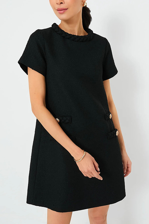 Confident and Chic Tweed Fabric Braided Trim Vintage Button Shift Mini Dress-consonak