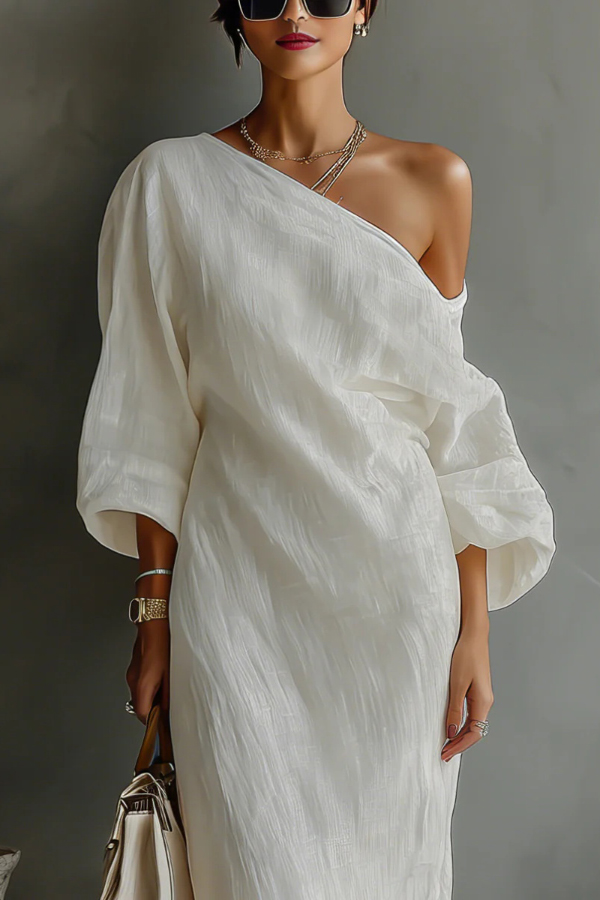 Linen Blend Loose-fitting Slanted Neck Lantern Sleeve Casual Maxi Dress | Consonak