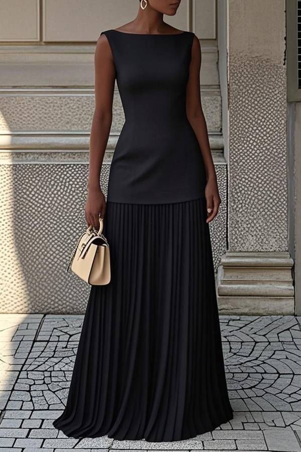 Solid Color Sleeveless Pleated Elegant Maxi Dress | Consonak