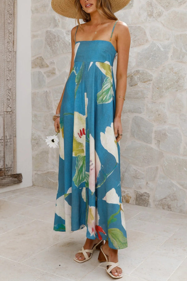 Floral Print Square Neck Sleeveless Casual Holiday Maxi Dress-consonak