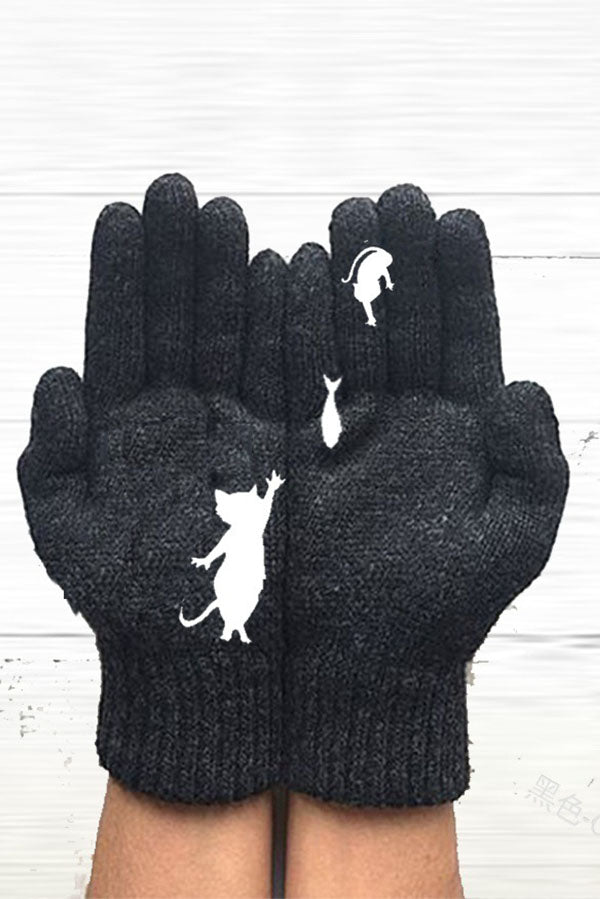 Printed Knitted Gloves Short Thickened Warm Finger Gloves-Cat-consonak