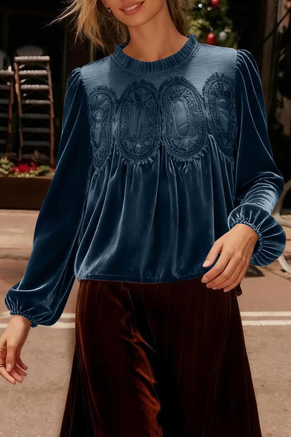 Fashionable Velvet and Lace Patchwork Loose Long-sleeved Top-consonak