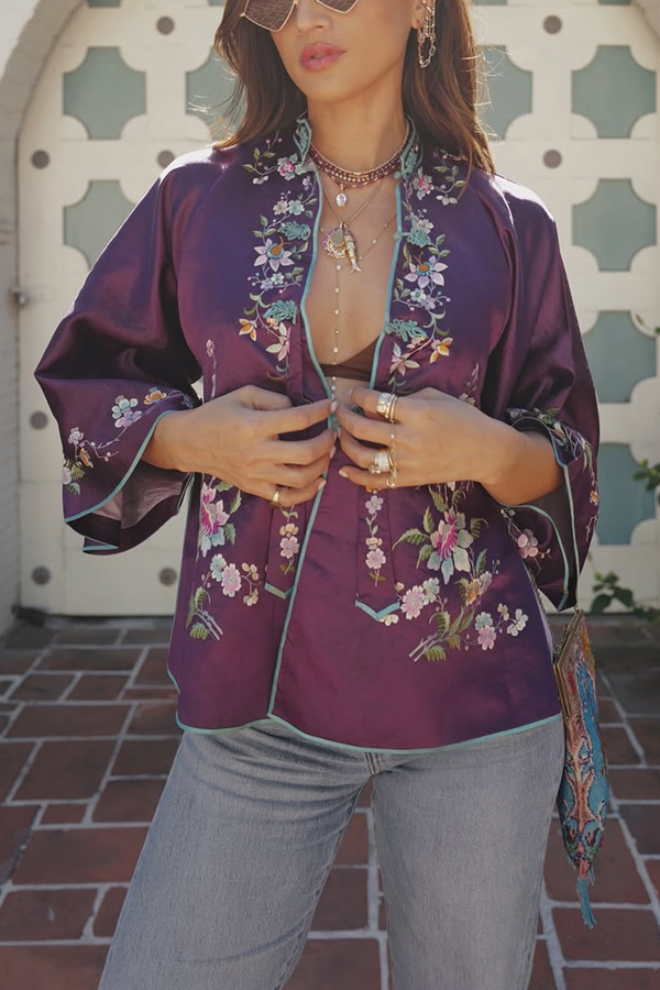 Vintage Dreams Satin Floral Print Cheongsam Style Neck Half Sleeve Blouse