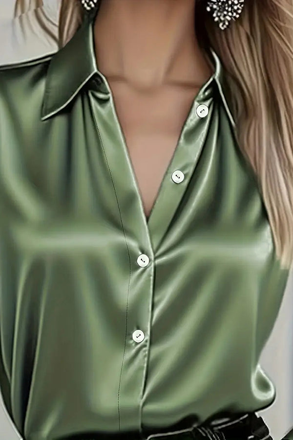 Satin Solid Color Collared Long-Sleeve Casual Shirt-consonak