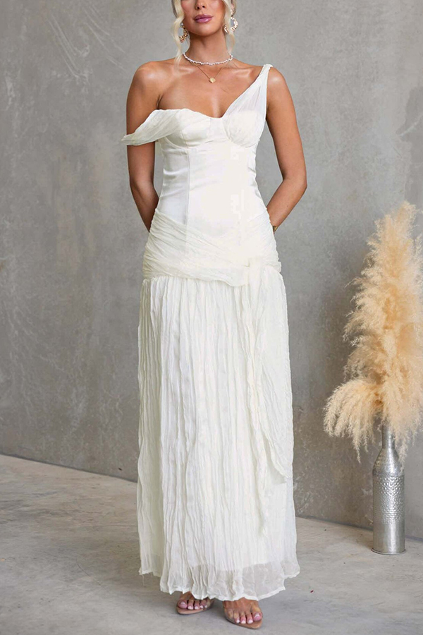 Zariyah Satin Bodice Asymmetric Neck Tie-up Waist Chiffon Hem Maxi Dress-consonak