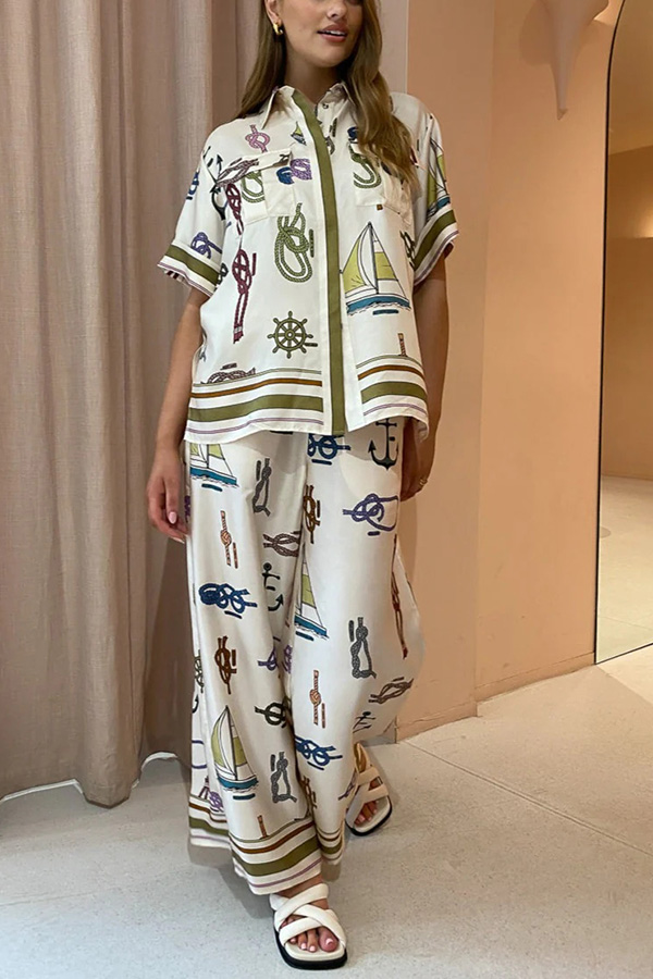 Sail Away Satin Unique Nautical Motifs Print Elastic Waist Pocketed Wide Leg Pants-consonak