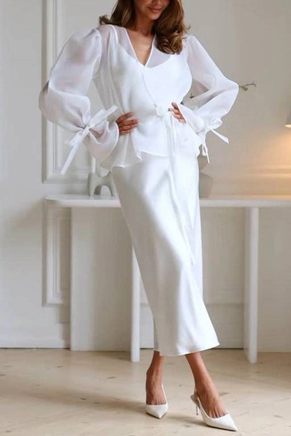 Graceful Party Tulle Knotted Long Sleeve Kimono Top and Satin Slip Midi Dress Set-consonak