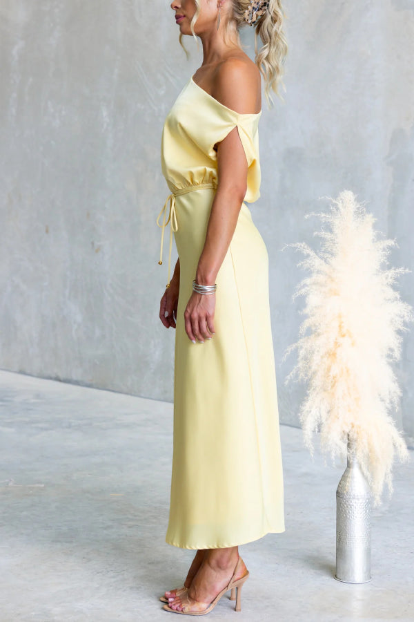Solid Color One-shoulder Sleeveless Belted Casual Maxi Dress-consonak