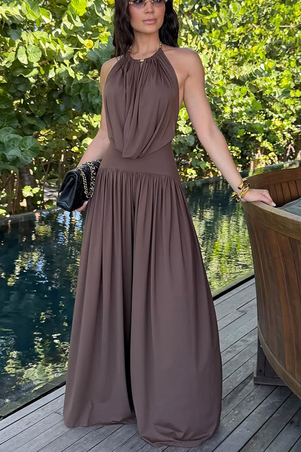 Lightweight Chic Metal Ring Drape Cowl Halter Neck Bodysuit and Elastic Waist Wide Leg Pants Set-Consonak