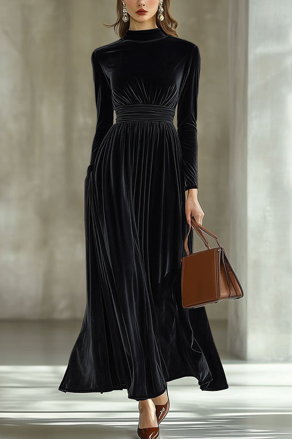 Solid Color Velvet Long-sleeved High-waisted Elegant Maxi Dress-consonak