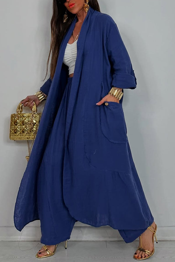 Solid Color Loose-fitting Long-sleeved Cardigan with Pockets and Elastic Waist Casual Wide-leg Pants Set-consonak