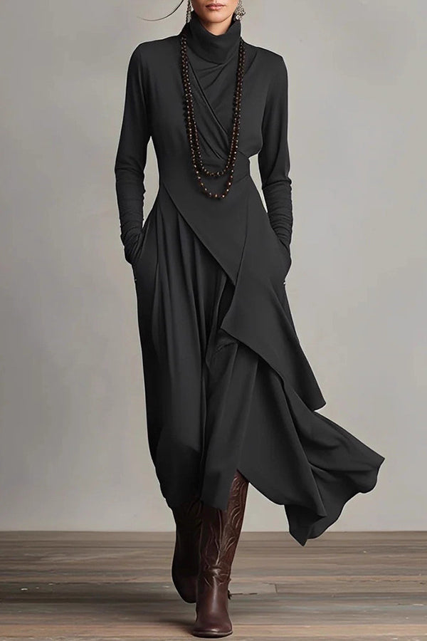 Solid Color High-neck Long-sleeved Irregular Casual Maxi Dress-consonak