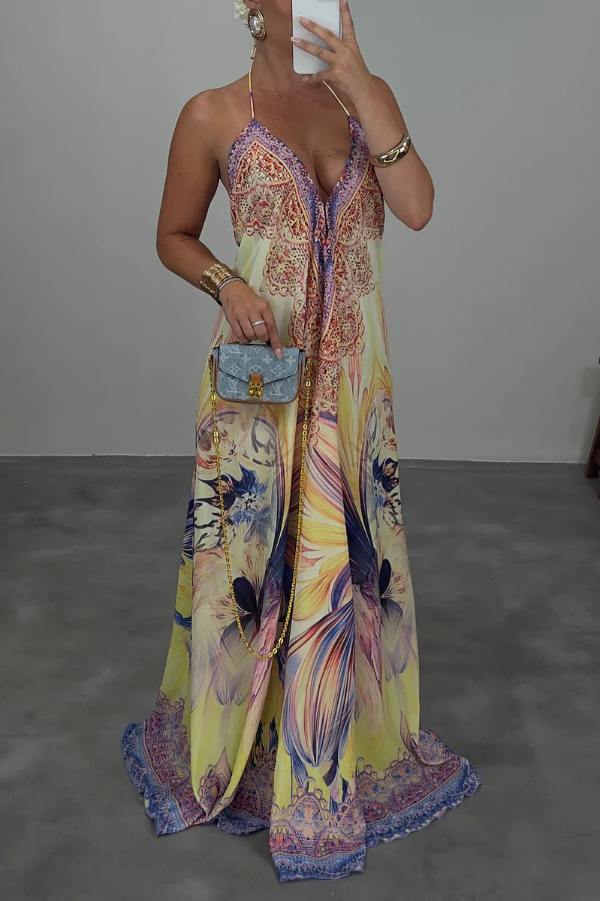 Bohemian Style Unique Print Sleeveless Backless Loose Maxi Dress
