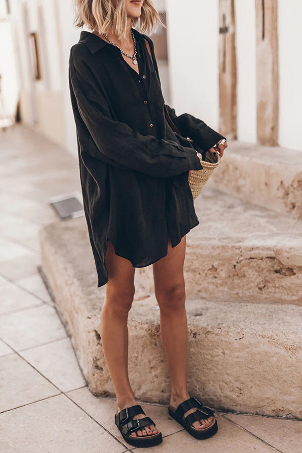 Go To The Beach Linen Blend Pocketed Long Sleeve Oversized Shirt | Consonak