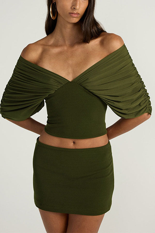 Sienna Olive Ruched Off-The-Shoulder 2-Piece Matching Set-Consonak