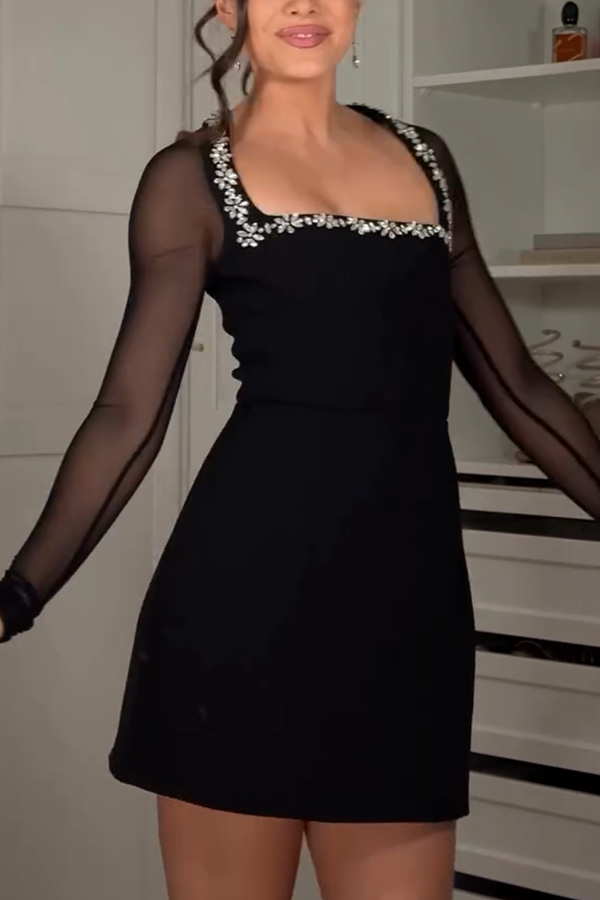 Emmey Jewel Embellished Trim Square-Neck Mesh Long Sleeve Mini Dress-consonak