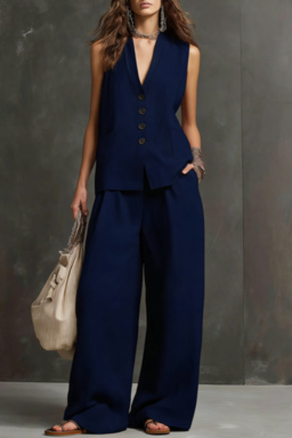 Linen Blend V-neck Sleeveless Button-down Vest and Casual Elastic Waist Pocket Wide-leg Pants Set-Consonak