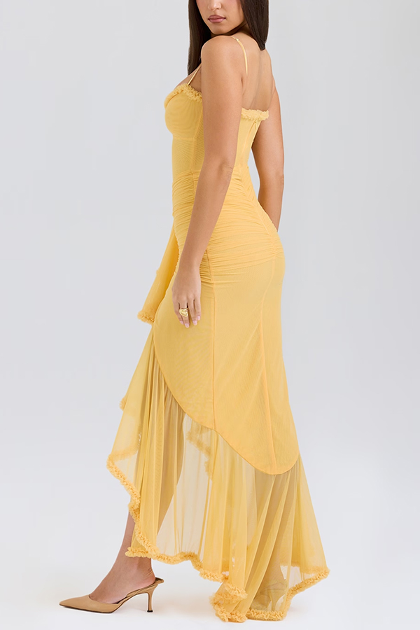 Retro Romantic Style Mesh Ruffle Trim Ruched Slit High Low Maxi Dress-consonak