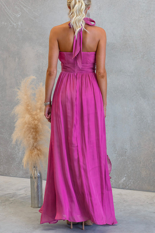 Coral Textured Metallic Chiffon Material High Tie Neck Ruffles Maxi Dress