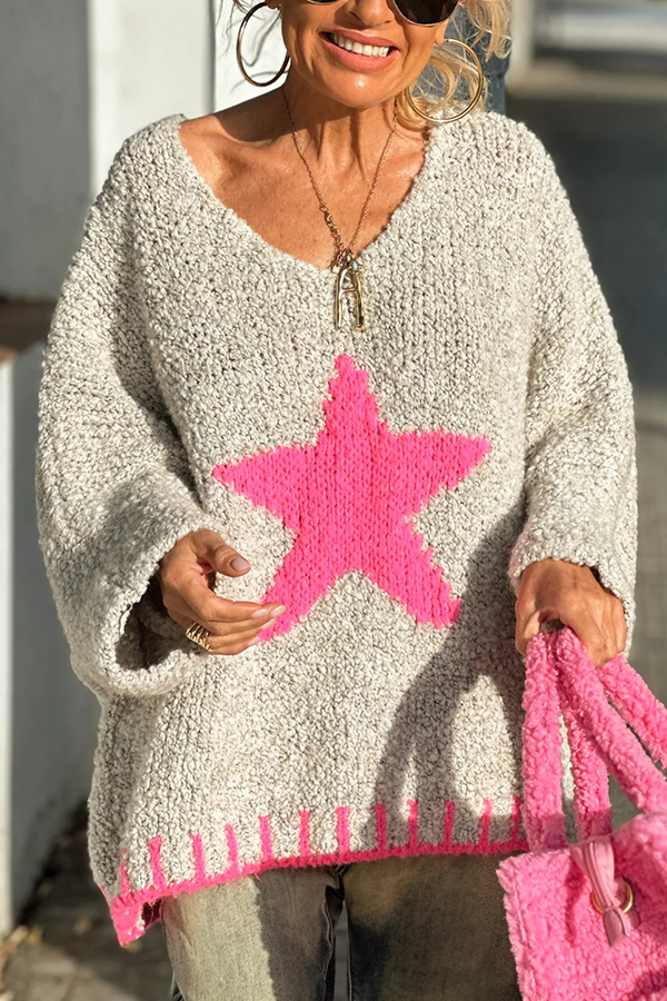 Warm Winter Day Texture Knit Star Pattern Contrast Color Loose Sweater-consonak
