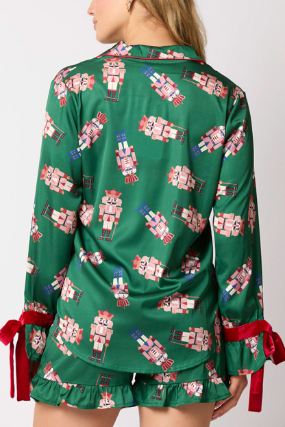 Christmas Fashion Printed Bow Tie Top and Elastic Waist Ruffle Shorts Set-consonak