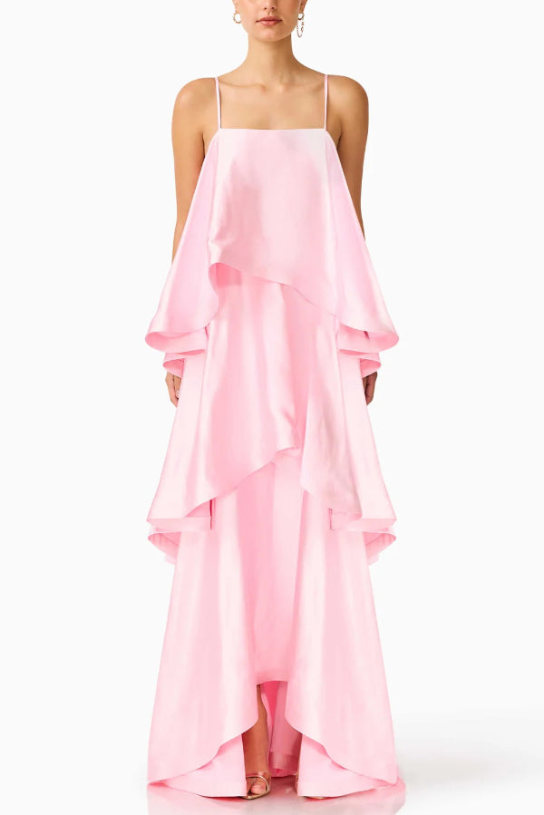 Soft and Smooth Satin Tiered Slip Square Neck A-line Maxi Dress