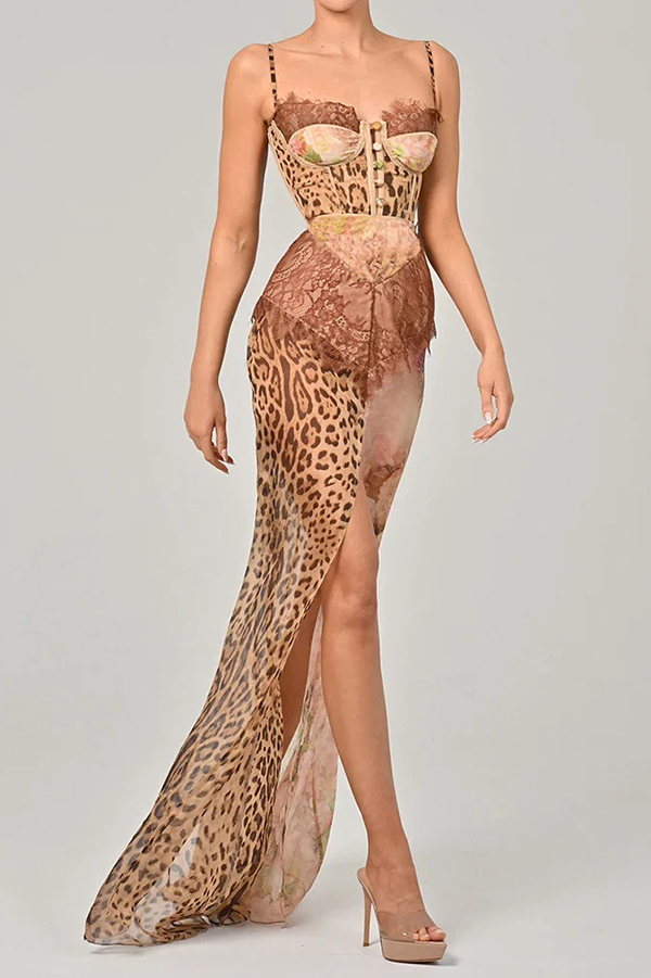 Chiffon Leopard Print Sexy Lace Splicing High Slit Slim Maxi Dress | Consonak