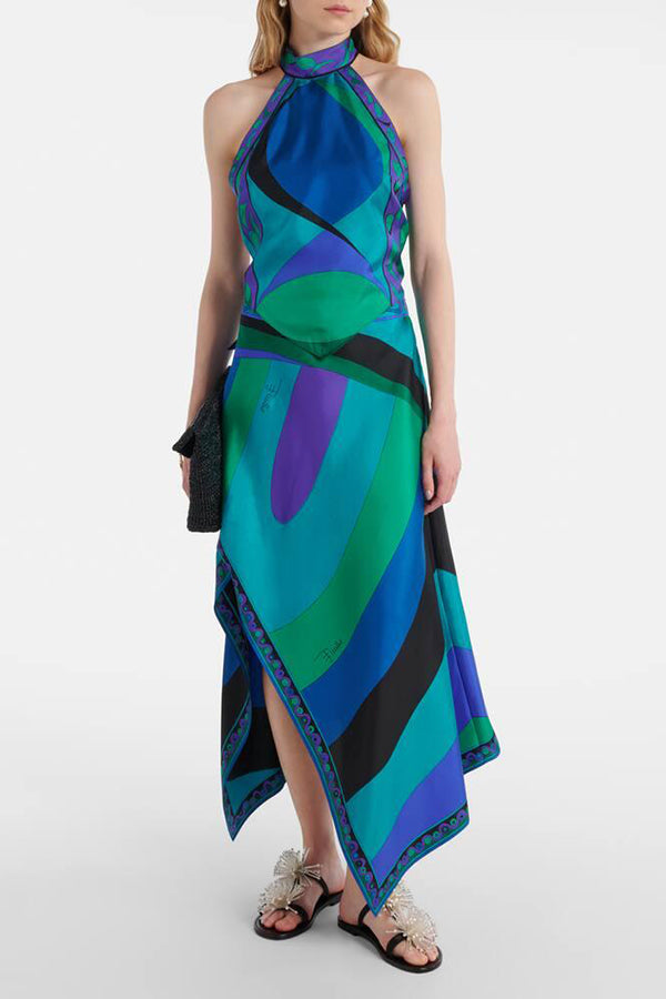 Gabbie Satin Unique Print Halter Scarf Tank and Asymmetrical Maxi Skirt Set-consonak