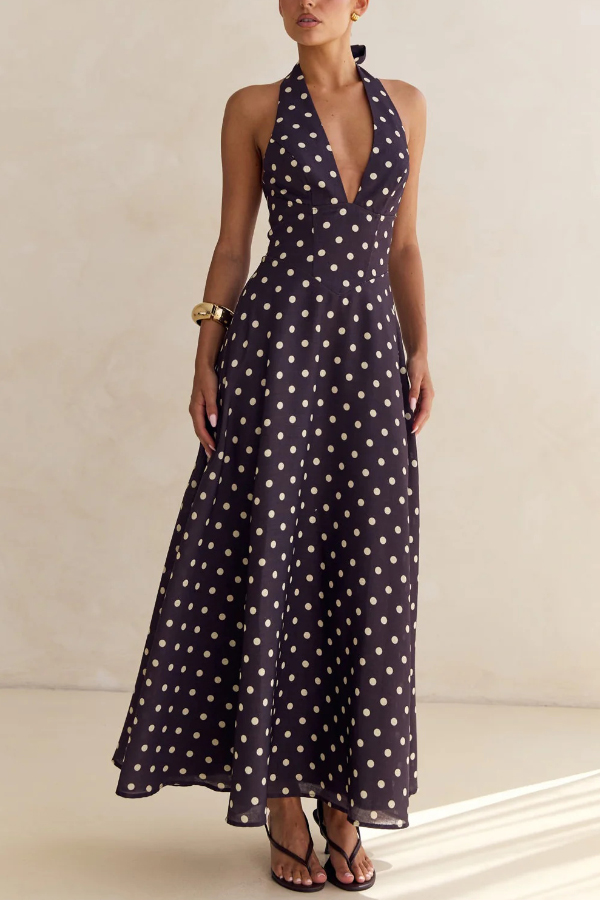 Floral Print V-neck Backless Tie-up Fitted Waist Elegant Maxi Dress-consonak