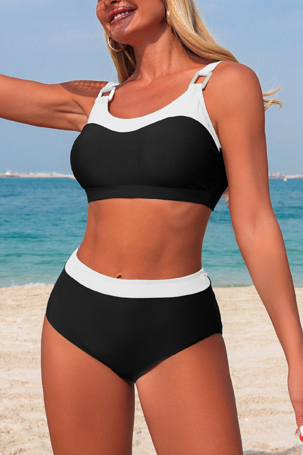 Stylish Color-blocked U-neck High-waisted Two-piece Stretch Bikini Swimsuit-consonak
