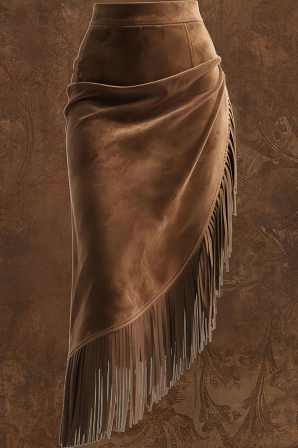 Fashionable Suede Tassel Irregular Casual Midi Skirt-consonak
