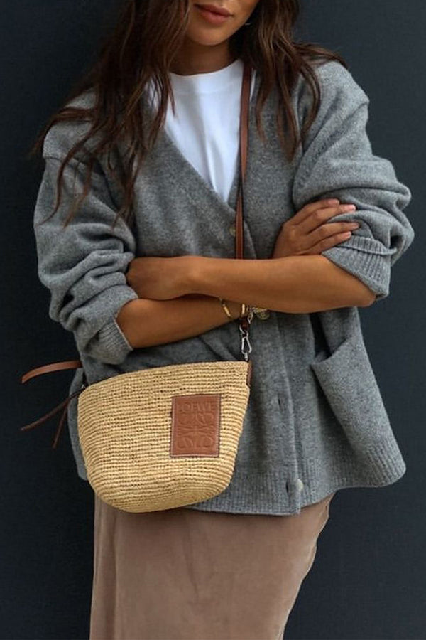 Solid Color V-Neck Button Casual Pocket Knit Cardigan-consonak