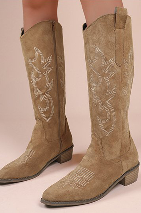 Retro Embroidered Block Heel Mid-calf Western Cowboy Martin Boots-consonak