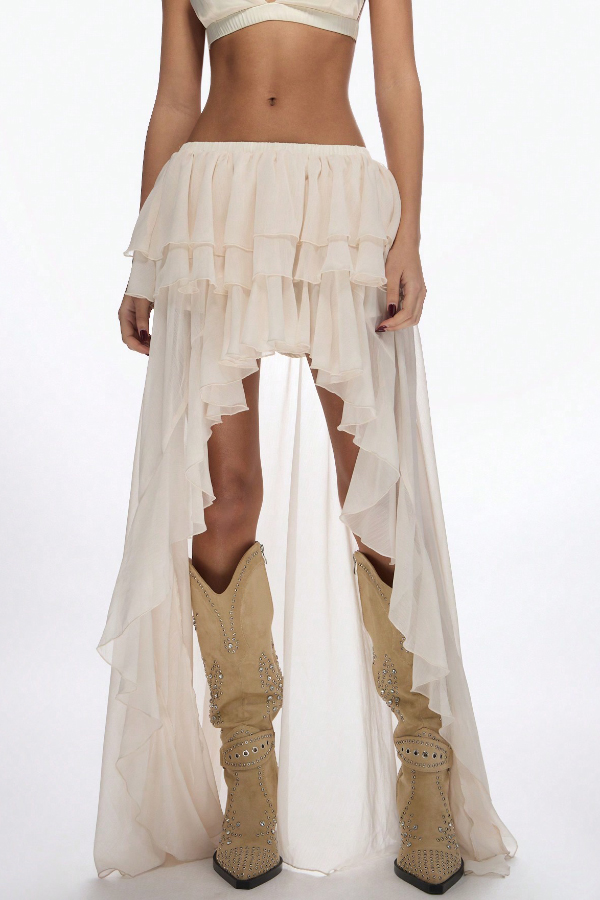 Solid Color Casual Elastic Waist Irregular Ruffle Holiday Skirt-consonak