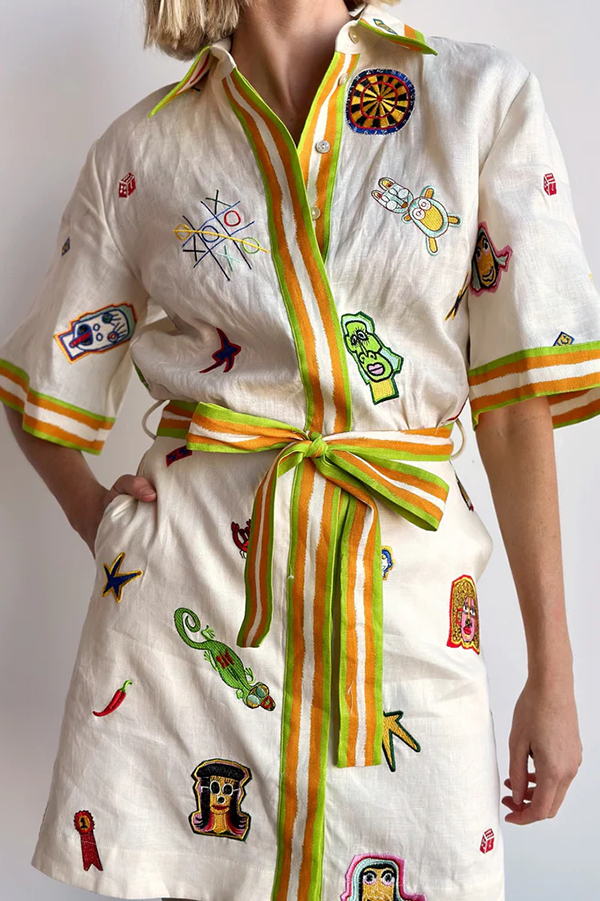 Britt Linen Blend Unique Printed Short Sleeved Pocket Tie Waist Mini Dress-consonak