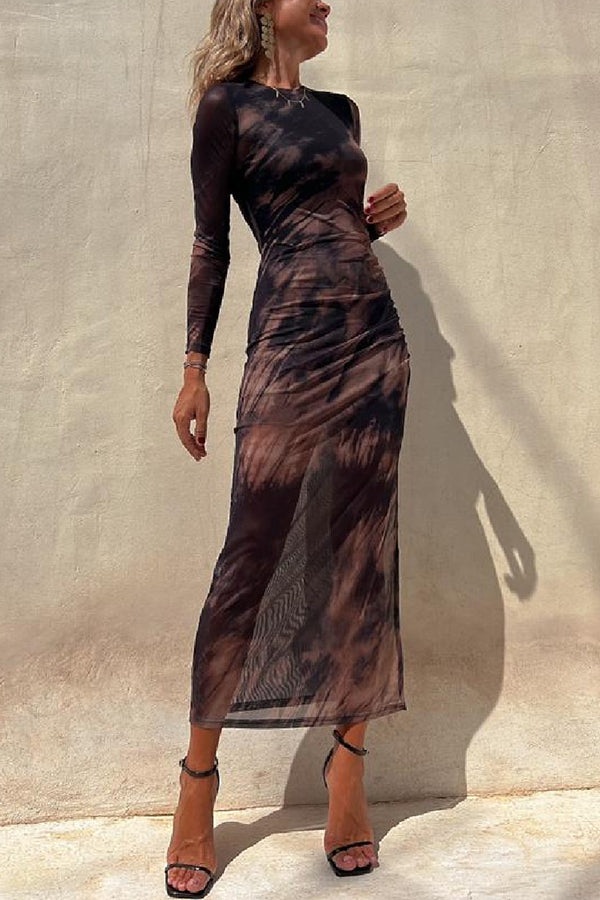 Charm Lady Mesh Overlay Tie Dye Print Long Sleeve Ruched Stretch Midi Dress | Consonak